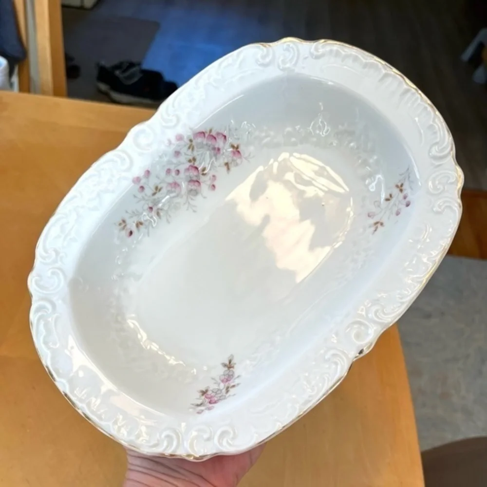 Vintage Victoria Austria Vegetable Side Dish White with Petite Pink Flowers